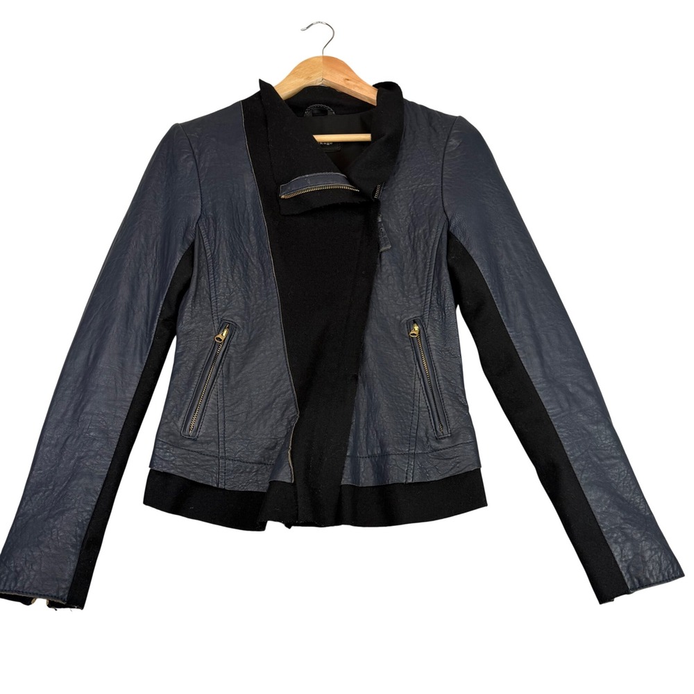 Mackage Mixed Media Leather Wool Moto Jacket Charcoal Gray Black Asym Zip XS